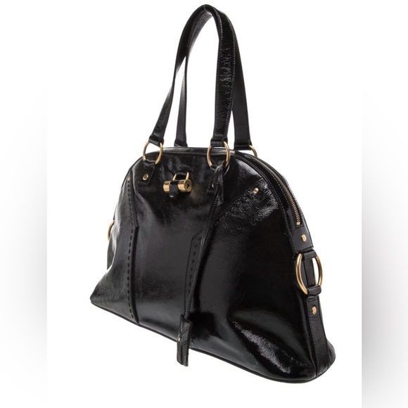 Yves Saint Laurent Handbags - Yves Saint Laurent Shiny Black Shoulder Bag with Gold Details